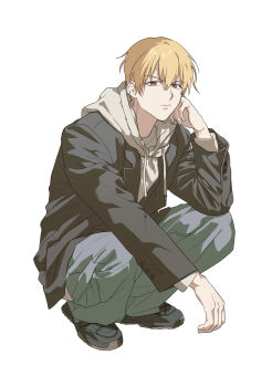 0304rong0304 1boy absurdres baggy_pants black_jacket black_shoes blonde_hair commentary_request elbow_rest fate/stay_night fate_(series) full_body gilgamesh_(fate) grey_pants highres jacket jacket_over_hoodie korean_commentary male_focus pants red_eyes shoes sneakers solo squatting