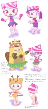1boy 1girl :&lt; :3 absurdres animal animal_costume animal_ears animal_hood antlers ass barefoot beaver black_eyes blush bodysuit brown_leotard buck_teeth candy candy-pow candy_cane cat cat_ears cat_girl clipboard cocomong_(series) coconut_bra dancing dress facial_tattoo fangs food from_behind furry grass_skirt headband highres holding holding_clipboard holding_pencil holding_unworn_clothes hood hoop horns hula hula_hoop leotard looking_at_viewer looking_back looking_down multicolored_hair multiple_views nude open_mouth panties pencil pink_eyes pink_hair pink_leotard pink_panties potato-pow print_dress purple_bodysuit purple_dress reindeer_antlers reindeer_costume reindeer_hood short_hair sleeveless sleeveless_dress smile standing streaked_hair tail tattoo teeth underwear white_background wind wind_lift yamanokonza yellow_fur