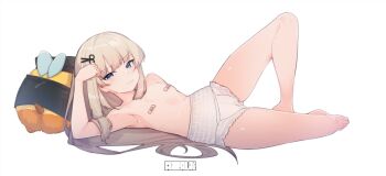 1girl amanogawa_shiina arm_up armpits artist_logo artist_name bandaid bandaids_on_nipples bare_arms bare_legs bare_shoulders barefoot beret blonde_hair blue_eyes blush closed_mouth collarbone diaper diaper_only exposed_diaper feet flat_chest frilled_panties frills full_body grey_hair hair_ornament hair_ribbon hair_spread_out hairclip hat high-waist_panties highres knee_up legs logo long_hair looking_at_viewer lying on_back on_side panties pasties phase_connect pull-up_diaper ribbon sad_bee_(amanogawa_shiina) scissors_hair_ornament sidelocks simple_background solo stuffed_animal stuffed_bee stuffed_toy thighs tilt-shift_(azalanz) toes transparent_background underwear underwear_only very_long_hair virtual_youtuber white_diaper white_panties