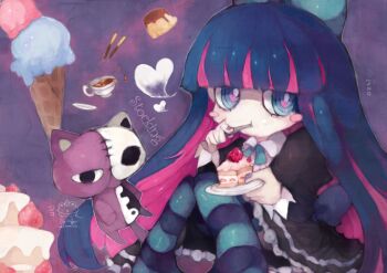 Rule 34 | 1girl, blue bow, blue eyes, blue hair, bow, cake, colored inner hair, commentary, cup, dress, eating, food, fork, hair bow, honekoneko (psg), ice cream, jas pkmn04, long hair, multicolored hair, panty &amp; stocking with garterbelt, pink hair, pudding, solo, stocking (psg), striped clothes, striped thighhighs, stuffed animal, stuffed toy, teacup, thighhighs, two-tone hair, untranslatable commentary