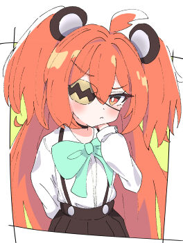 1girl absurdres ahoge animal_ears bear_ears breasts commentary_request eyepatch fake_animal_ears gloves hair_between_eyes hair_ornament highres hutsugyou koleda_belobog long_hair looking_at_viewer red_eyes red_hair solo sphere_hair_ornament twintails zenless_zone_zero