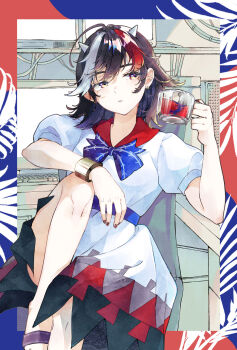 1girl arrow_(symbol) arrow_print black_hair blue_bow border bow closed_mouth commentary_request computer cone_horns cup dress drinking_glass elbow_rest fingernails grey_hair hand_on_own_knee highres holding holding_cup horns kijin_seija konruri_blue looking_to_the_side medium_hair multicolored_dress multicolored_hair outside_border red_hair red_nails sitting small_horns solo streaked_hair touhou white_horns