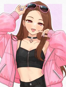 Rule 34 | 1girl, 82k mugi, black camisole, breasts, brown eyes, brown hair, camisole, choker, crop top, eyewear on head, heart, heart choker, highres, idolmaster, idolmaster (classic), jacket, long hair, long sleeves, looking at viewer, midriff, minase iori, navel, open clothes, open jacket, open mouth, pink-framed eyewear, pink jacket, pink nails, simple background, small breasts, solo, sunglasses, tongue, tongue out, zipper