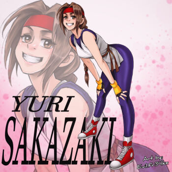 Rule 34 | 1girl, ass, braid, braided ponytail, breasts, brown eyes, brown hair, calyxxx999, dougi, female focus, hairband, karate gi, large breasts, long hair, looking at viewer, pale skin, pants, shoes, skirt, smile, smiley face, sneakers, socks, standing, the king of fighters, thick thighs, thighs, tight clothes, tight pants, yoga pants, yuri sakazaki