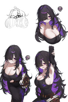 1girl arm_up armpits belt black_dress black_hair blush book breasts dress eiyuo glasses goddess_of_victory:_nikke hair_over_one_eye label_(nikke) large_breasts long_hair looking_at_viewer presenting_armpit purple_hair simple_background solo steam sweatdrop white_background
