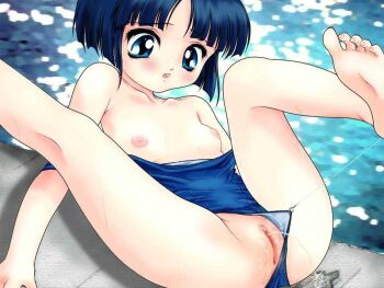 1girl barefoot blue_eyes blue_hair blue_one-piece_swimsuit blush breasts clothing_aside collarbone hook kashiwagi_kaede kizuato kounyan_(heart_quake_plan) loli looking_down nipples off_shoulder one-piece_swimsuit open_mouth peeing pool puddle pussy short_hair small_breasts sweat swimsuit swimsuit_aside uncensored water