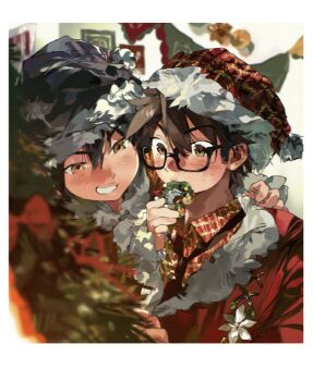 Rule 34 | 2boys, ace of diamond, black-framed eyewear, black hair, blush, brown eyes, brown hair, christmas tree, collared shirt, donut, eating, food, glasses, hair between eyes, hat, holding, holding donut, holding food, looking at another, male focus, miyuki kazuya, multiple boys, nian rt, polaroid photo, santa costume, santa hat, sawamura eijun, shirt, smile