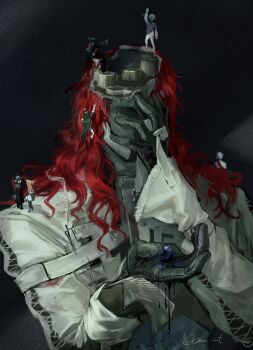 3boys 4girls absurdres aleph_(reverse:1999) black_background black_gloves black_mask covered_face dice dores_(reverse:1999) facing_viewer gloves hand_on_own_face hands_up highres hole_in_head kuroda_matsurika long_hair merlin_(reverse:1999) mini_person miniboy minigirl multiple_boys multiple_girls polyhedral_dice recoleta_(reverse:1999) red_hair reverse:1999 shirt solo_focus sonetto_(reverse:1999) the_idealist_(reverse:1999) urd_(reverse:1999) vertin_(reverse:1999) white_shirt