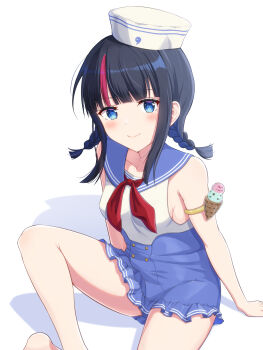 1girl armlet bare_shoulders black_hair blue_eyes blue_sailor_collar blue_skirt blush braid breasts buttons double-breasted fate/grand_order fate_(series) hat highres jewelry kec_(kc0611) looking_at_viewer low_twin_braids medium_breasts medium_hair multicolored_hair one-piece_swimsuit pink_hair sailor_collar sailor_hat sidelocks sitting skirt smile solo streaked_hair swimsuit thighs twin_braids utsumi_erice utsumi_erice_(swimsuit_avenger)_(second_ascension) white_hat white_one-piece_swimsuit