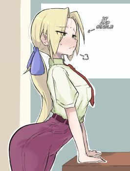 1girl ass blonde_hair blue_bow blush bow breasts breath cake classroom cowboy_shot ear_blush english_text fang food green_eyes high-waist_pants highres kuroi_nanako leaning_forward leaning_on_object long_hair looking_ahead lucky_star medium_breasts narrow_waist necktie pants ponytail pout purple_pants red_necktie shirt spinster standing sweat tagme white_shirt zlix0n