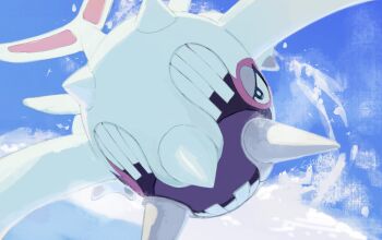 blue_sky cetacean_tail cetitan colored_skin fins fish_tail hashtag-only_commentary highres horns nintendo no_humans pokemon pokemon_(creature) pokemon_focus sakuraiisui single_horn sky snow spikes tail whale white_skin