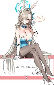 Rule 34 | 1girl, am 0410, aqua bow, aqua bowtie, aqua leotard, aqua ribbon, arm support, asuna (blue archive), asuna (bunny) (blue archive), blonde hair, blue archive, blush, bow, bowtie, breasts, commission, crossed legs, detached collar, doodle sensei (blue archive), gloves, grey hiphighs, hair over one eye, hair ribbon, halo, high heels, highleg, highleg leotard, highres, hiphighs, large breasts, leotard, looking at viewer, marshmallow (site), mole, mole on breast, official alternate costume, pantyhose, playboy bunny, ribbon, sensei (blue archive), shoes, sitting, smile, solo, strapless, strapless leotard, white gloves, white shoes