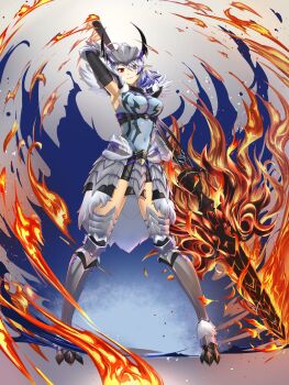 Rule 34 | 1girl, ahoge, arkveld (armor), armpits, arms up, blue eyes, blue leotard, breasts, chiga akira, colored tips, commentary, english commentary, fangs, fire, full body, gauntlets, general geega, greatsword, grey hair, helmet, heterochromia, highres, large breasts, leg armor, leotard, looking at viewer, medium hair, monster hunter (series), multicolored hair, navel, pointy ears, purple hair, red eyes, smile, standing, sword, thighs, virtual youtuber, vshojo, weapon