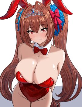 Rule 34 | 1girl, absurdres, animal ears, arms behind back, bare shoulders, blush, bow, bowtie, breasts, brown hair, cleavage, closed mouth, collarbone, daiwa scarlet (umamusume), detached collar, fang, hair between eyes, hair intakes, highres, horse ears, horse girl, horse tail, kagutaba 316, large breasts, leotard, long hair, looking at viewer, playboy bunny, red bow, red bowtie, red eyes, red leotard, smile, solo, spanish commentary, strapless, strapless leotard, tail, tiara, twintails, umamusume, very long hair