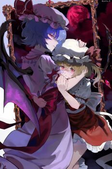 Rule 34 | 2girls, arm around back, back bow, bat wings, blonde hair, blue hair, bow, closed mouth, commentary, crossed bangs, crystal, dress, fang, fang out, fingernails, flandre scarlet, frilled hat, frilled shirt collar, frilled sleeves, frills, hand in another's hair, hand on another's arm, hand on another's head, hat, highres, hug, light smile, long fingernails, looking back, mob cap, moon, multiple girls, painting (object), pechika 01, puffy short sleeves, puffy sleeves, red bow, red eyes, red moon, red skirt, red vest, remilia scarlet, short sleeves, siblings, sisters, skirt, skirt set, slit pupils, touhou, twitter username, vest, white bow, white hat, wings