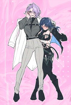 2girls arm_tattoo belt blush chief_(path_to_nowhere) cosplay costume_switch female_chief_(path_to_nowhere) grey_shirt grey_trousers groping jacket mamaloni multiple_belts multiple_girls path_to_nowhere purple_lips shirt smile tattoo white_jacket zoya_(path_to_nowhere)