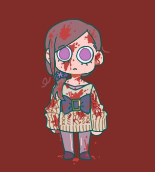 Rule 34 | 1girl, ayellowapple, black bow, black sash, black shoes, blood, blood in hair, blood on clothes, blood on ears, blood on face, blood on ground, blood on hands, blood on neck, bow, brown hair, buckle, cable knit, chibi, chibi only, closed mouth, commentary, dress, english commentary, eyelashes, full body, grey pantyhose, hair over shoulder, kurashiki akane, kyokugen dasshutsu, long hair, long sleeves, pantyhose, purple eyes, red background, sash, shoes, side ponytail, simple background, solo, standing, straight-on, sweater, sweater dress, wide-eyed, zero escape: toki no dilemma