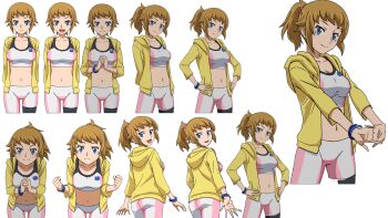1girl arms_behind_back ass bike_shorts blue_eyes breasts brown_hair cleavage clenched_hands expressionless gundam gundam_build_fighters gundam_build_fighters_try gundam_extreme_vs._maxi_boost half-closed_eyes hands_on_own_hips highres hood hoodie hoshino_fumina large_breasts leaning_forward legs looking_at_viewer looking_back medium_hair midriff multiple_expressions multiple_views navel official_art open_clothes open_hoodie open_mouth own_hands_together ponytail smile solo sports_bra sprite surprised thighs tongue