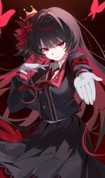 1girl absurdres armband black_hair black_shirt black_skirt breasts bug butterfly crown determined facing_down gloves highres insect looking_at_viewer mahou_shoujo_no_majo_saiban medium_breasts mini_crown necktie nikaido_hiro pomeo_dayo red_armband red_background red_butterfly red_eyes red_necktie shirt skirt v-shaped_eyebrows white_gloves