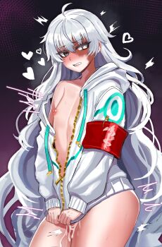 Rule 34 | 1boy, ahoge, alternate costume, aqua jacket, armband, asclepius (fate), asclepius (fate) (cosplay), asclepius (fate/strange fake), asclepius (summer rescue) (fate), black background, blind, blush, bottomless, breath, bright pupils, burn scar, choppy bangs, clenched teeth, collarbone, commentary, cosplay, covering crotch, covering privates, cum, english commentary, fate/strange fake, fate (series), furrowed brow, gold zipper, grey eyes, halftone, halftone background, heart, heterochromia, highres, hood, hood down, hooded jacket, jacket, jacket tug, linea alba, long hair, looking at viewer, multicolored jacket, naked jacket, nipples, nose blush, parted lips, partially open jacket, purple background, red armband, rod of asclepius, safety pin, scar, shiny skin, sideways glance, single bare shoulder, single off shoulder, sleeves past wrists, solo, sweat, teeth, thighs, trap, twitching, two-tone background, very long hair, white hair, white jacket, white pupils, zanegoodell