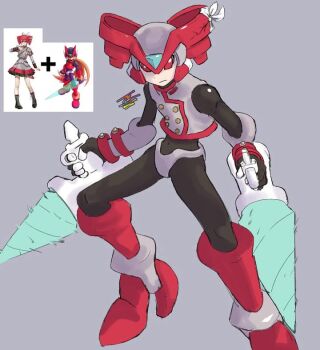 Rule 34 | android, armor, armored boots, bikini armor, bladed tonfa, boots, crossover, drill, energy weapon, forehead jewel, fusion, grey boots, grey vest, helmet, high heels, holding, holding weapon, joints, knee boots, mechanical boots, mega man (series), mega man zero (series), multicolored boots, red boots, red eyes, reference inset, robot, robot joints, tonfa, two-tone boots, utau, vest, weapon, zero (mega man)