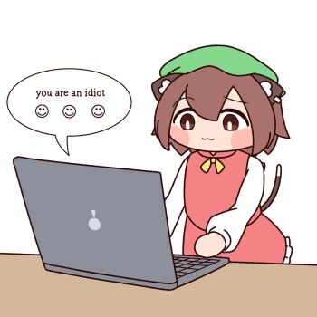 1girl :3 animal_ears blush_stickers brown_eyes brown_hair cat_ears cat_girl cat_tail chen closed_mouth commentary_request computer earclip frilled_skirt frills green_hat hat highres laptop long_sleeves looking_at_object mob_cap multiple_tails neck_ribbon red_skirt red_vest ribbon shirt short_hair simple_background skirt solo speech_bubble tail touhou two_tails upper_body vest white_background white_shirt y75zei yellow_ribbon you_are_an_idiot_(virus)