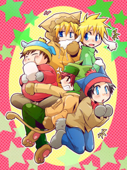 5boys anger_vein animal_ears animal_hands animal_hat animal_hood beanie biting black_hair blonde_hair blue_eyes brown_hair butters_stotch cat_hat cat_hood clenched_teeth closed_eyes commentary biting_ear eating eric_cartman food fur-trimmed_hood fur_trim gloves hat hood hood_up hooves jacket kenny_mccormick kyle_broflovski long_sleeves male_focus marshmallow multiple_boys open_mouth pants paw_gloves paw_shoes pom_pom_(clothes) pom_pom_beanie rabbit_ears red_eyes red_hair sakurapanda south_park stan_marsh star_(symbol) tail teeth