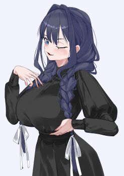 1girl absurdres blue_eyes blue_hair blush breasts daaku_(koizumi_arata) highres hololive hololive_english large_breasts long_hair long_sleeves looking_at_viewer one_eye_closed open_mouth ouro_kronii ouro_kronii_(maid) simple_background