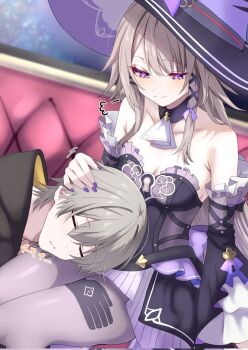1boy 1girl bare_shoulders blush caelus_(honkai:_star_rail) commentary_request dress frilled_dress frills herta_(honkai:_star_rail) highres honkai:_star_rail honkai_(series) lap_pillow sigh sleeping the_herta_(honkai:_star_rail) tonomiya68 trailblazer_(honkai:_star_rail)