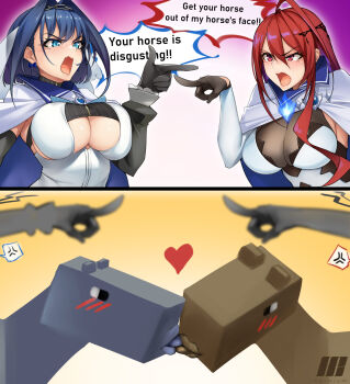 absurdres ahoge angry arguing blue_fire blush breasts cape cleavage colored_inner_hair commentary elizabeth_rose_bloodflame english_commentary english_text enigmatic_recollection fire gloves highres ho2nium hololive hololive_english horse_(minecraft) huge_ahoge large_breasts long_hair minecraft multicolored_hair open_mouth ouro_kronii pointing pointing_at_another red_eyes red_hair shouting speech_bubble very_long_hair virtual_youtuber