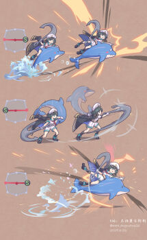 1girl absurdres anchor anchor_hat_ornament artist_name black_coat black_hair blush_stickers bow bowtie charging_forward chinese_commentary coat combo command_input commentary_request dated dolphin dolphin_riding fighting_game gameplay_mechanics green_eyes guilty_gear guilty_gear_strive hat hat_ornament highres holding holding_anchor may_(guilty_gear) murasa_minamitsu nero_augustus red_bow red_bowtie riding riding_animal sailor_hat short_hair signature simple_background swinging_weapon touhou twitter_username water