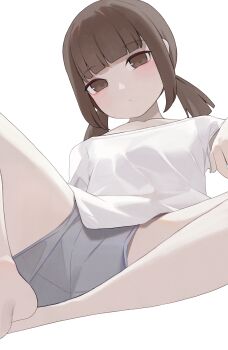 1girl brown_eyes brown_hair closed_mouth commentary grey_shorts highres hiroki_(yyqw7151) looking_at_viewer medium_hair original shirt short_shorts shorts simple_background solo spread_legs twintails white_background white_shirt