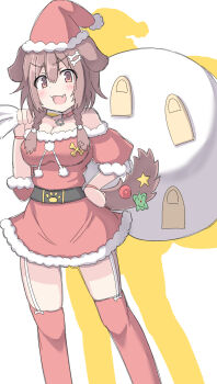 1girl animal_ears bone_hair_ornament braid breasts brown_eyes brown_hair cartoon_bone cleavage commentary dog_ears dog_girl dog_tail dress fang fur-trimmed_dress fur_trim garter_straps hair_ornament hat highres hololive inugami_korone large_breasts long_hair looking_at_viewer open_mouth red_dress red_hat red_thighhighs santa_costume santa_hat solo tail thighhighs twin_braids twintails umberblack v-shaped_eyebrows virtual_youtuber