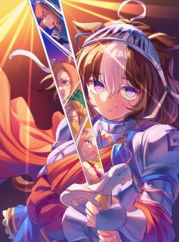 4girls absurdres admire_vega_(umamusume) ahoge alternate_costume animal_ears armor armored_gloves blonde_hair blue_hood blue_tunic bow breasts brown_hair camellia_(camel_mal) cape crown double-parted_bangs ear_covers ear_ornament ear_piercing ear_ribbon fingerless_gloves gloves gradient_eyes hair_between_eyes highres holding holding_sword holding_weapon hood hood_up horse_ears horse_girl long_hair long_sleeves meisho_doto_(umamusume) mini_crown multicolored_eyes multicolored_hair multiple_girls narita_top_road_(umamusume) open_mouth orange_hair piercing pink_crown purple_eyes red_cape red_sash reflection sash shirt short_hair smile sweat sword t.m._opera_o_(o_sole_suo!)_(umamusume) t.m._opera_o_(umamusume) tunic two-tone_hair umamusume visor_(armor) weapon white_hair