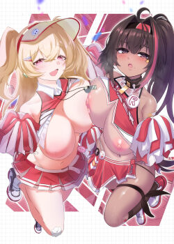 Rule 34 | artist collaboration, bay (nikke), black hair, blonde hair, breasts, cheerleader, clay (nikke), crop top, dark-skinned female, dark skin, goddess of victory: nikke, hair intakes, highres, kazukoto, large breasts, long hair, looking at viewer, mimiryuki, mole, mole under mouth, multicolored hair, multiple girls, navel, open mouth, pom pom (cheerleading), ponytail, red eyes, red skirt, skirt, streaked hair, visor cap