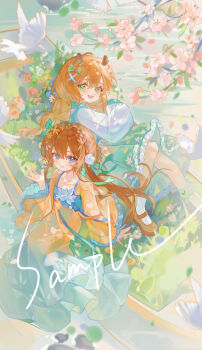 Rule 34 | 2girls, absurdres, bird, blue eyes, blush, boat, bow, braid, branch, brown horns, cherry blossoms, chinese clothes, collarbone, dove, dress, eyelashes, flower, frills, green eyes, hair between eyes, hair ornament, hanfu, happy, highres, horns, liu letian, long hair, long sleeves, looking at viewer, multiple girls, on boat, open mouth, orange hair, original, outdoors, pink flower, sample watermark, sidelocks, sunlight, teeth, upper teeth only, water, watercraft, watermark, white bird, wide sleeves