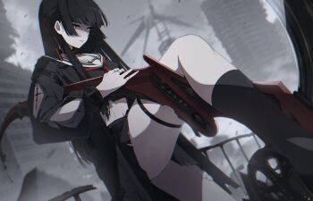 1girl absurdres arm_cutout black_hair black_serafuku black_shirt black_skirt chisa_(wuthering_waves) closed_mouth clothing_cutout commentary crop_top highres hosun long_hair long_sleeves midriff muted_color navel neckerchief outdoors partially_shaded_face red_eyes red_neckerchief sailor_collar school_uniform serafuku shirt skirt solo sword tacet_mark_(wuthering_waves) thigh_strap thighs very_long_hair weapon white_sailor_collar wuthering_waves