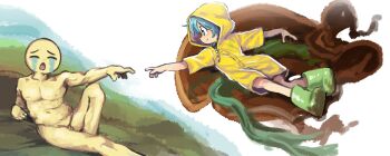 1boy 1girl bead_necklace beads blue_eyes blue_hair blush boots closed_eyes clothed_female_nude_male commentary completely_nude cross cross_necklace crying_emoji dirty_footwear emoji english_commentary fine_art_parody full_body grass green_footwear highres jewelry jubilee_2025 looking_at_another luce_(jubilee_2025) lying meme navel necklace nipples nude open_mouth orenjipiiru outstretched_arm outstretched_hand parody raincoat rubber_boots sitting the_creation_of_adam uohhhhhhhhh!_(meme) yellow_raincoat