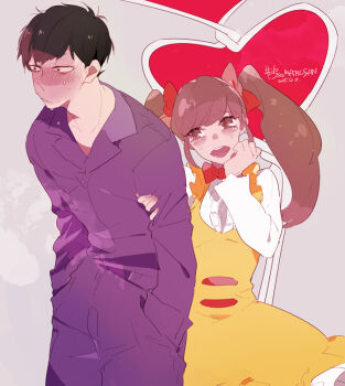 1boy 1girl black_hair blush brown_eyes brown_hair chibimi dolceoo dress grabbing_another&#039;s_arm hair_ribbon matsuno_ichimatsu naughty_face open_mouth osomatsu-san osomatsu_(series) ribbon sweat sweatdrop track_suit twintails