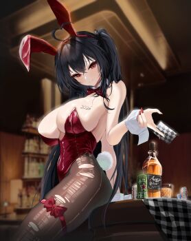 1girl 2026 absurdres alcohol animal_ears azur_lane black_hair bow bowtie breasts brown_pantyhose card commentary duce_(user_dspv8825) english_commentary fake_animal_ears fake_tail highres holding holding_card huge_breasts indoors leotard long_hair looking_at_viewer official_alternate_costume pantyhose playboy_bunny red_bow red_bowtie red_eyes red_leotard solo strapless strapless_leotard taihou_(azur_lane) taihou_(fun_on_the_baize)_(azur_lane) tail thigh_bow torn_clothes torn_pantyhose variant_set very_long_hair white_wrist_cuffs wrist_cuffs