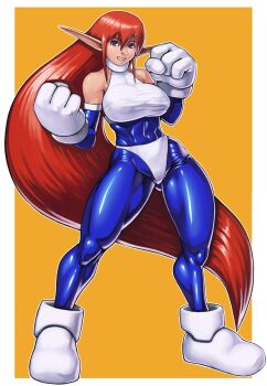 Rule 34 | 1girl, bikini over clothes, blue bodysuit, bodysuit, border, breasts, commentary, detached sleeves, galaxy fight, gloves, highres, long hair, long pointy ears, one-piece swimsuit, panties over bodysuit, pointy ears, roomi, shinonome (game hakkutsu tai), sleeveless, sleeveless bodysuit, solo, swimsuit, turtleneck, turtleneck one-piece swimsuit, white border, white gloves