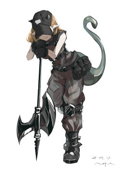 1girl absurdres alternate_costume arknights artist_name baseball_cap black_boots black_gloves blonde_hair boots breasts chest_harness covered_eyes dated dragon_girl dragon_horns dragon_tail gloves grey_pants grey_shirt halberd harness hat highres horns leaning_on_weapon pants pointy_ears polearm pppmepl shirt simple_background solo tail vanilla_(arknights) weapon white_background
