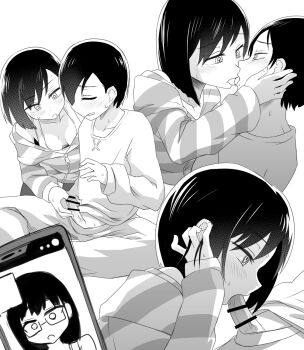 boku_no_kokoro_no_yabai_yatsu clothes_pull fellatio french_kiss handjob hood hoodie ichikawa_kana ichikawa_kyoutarou incest kiss medium_hair monochrome oral organ_rn pants pants_pull phone siblings