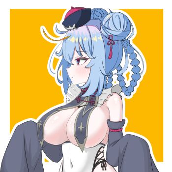 +_+ 1girl absurdres astral_party blue_hair blush border braid braided_hair_rings breast_curtains breasts cleavage closed_mouth commentary covered_navel criss-cross_strings detached_sleeves double_bun haiqing_(astral_party) hair_bun hair_ornament hair_rings hat highres jiangshi_costume large_breasts long_sleeves looking_ahead official_alternate_costume ofuda ofuda_on_head pink_eyes qingdai_guanmao side-tie_peek sideboob sidelocks sleeves_past_fingers sleeves_past_wrists solo symbol-shaped_pupils tassel tassel_hair_ornament tomaotocat underboob upper_body white_border yellow_background