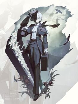 1boy absurdres androgynous arm_at_side ascot bird bird_on_hand black_bow black_capelet black_eyes black_feathers black_flower black_gem black_hat black_jacket black_pants black_shoes black_suit black_veil border bow briefcase brooch capelet cloud cloudy_sky coffin collared_shirt colored_eyelashes commentary_request crossed_bangs crow dress_pants dress_shoes empty_eyes falling_feathers feathers flower formal_clothes full_body gem gloves grass hair_between_eyes hand_up hat hat_feather hat_flower highres holding holding_briefcase irregular_border jacket jewelry kkkkirkir light_rays lily_(flower) long_sleeves looking_at_viewer male_focus mountain one_eye_covered open_clothes open_jacket orchid original outside_border pants parted_lips pillbox_hat pleated_pants plume rose shirt shoes sky smile solo standing suit veil veil_over_one_eye white_ascot white_border white_eyelashes white_flower white_gloves white_hair white_lily white_rose white_shirt zoom_layer