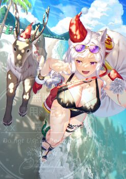 1girl akatsuki_(kuon) animal_ears bare_shoulders beach black_one-piece_swimsuit blunt_bangs blush breasts casual_one-piece_swimsuit christmas_tree cleavage commentary_request ear_covers eyewear_on_head gloves gold_ship_(run_revolt_launcher)_(umamusume) gold_ship_(umamusume) grey_hair hat highres holding holding_sack horse_ears horse_girl horse_tail large_breasts long_hair official_alternate_costume one-piece_swimsuit open_mouth outdoors palm_tree purple-tinted_eyewear purple_eyes red_gloves reindeer running sack santa_hat single_ear_cover smile sunglasses swimsuit tail tinted_eyewear tree umamusume water yellow-framed_eyewear