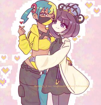 2girls arm_around_waist bandeau black_dress black_pants blonde_hair blue_gloves blue_hair blue_pants bob_cut canari_(pokemon) closed_mouth coat cropped_jacket dark-skinned_female dark_skin dress finger_heart gloves gwynn_(pokemon) hat heart heart-shaped_pupils hug jacket long_sleeves looking_at_another looking_at_viewer mega_stone multicolored_hair multiple_girls nintendo one_eye_closed open_clothes open_coat orenji_2 pants pantyhose partially_fingerless_gloves pokemon pokemon_legends:_z-a purple_eyes purple_hair short_hair smile split-color_hair symbol-shaped_pupils twitter_username two-tone_hair two-tone_pants white_coat yellow_jacket yuri