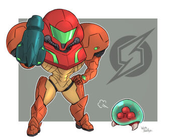 Rule 34 | 1girl, alien, arm cannon, armor, artist name, assault visor, chibi, commentary request, full armor, green visor, grey background, hand on own hip, metroid, metroid (creature), metroid larva, multicolored armor, nintendo, power armor, power suit (metroid), samus aran, signature, simple background, varia suit, wakaba (wata ridley), weapon