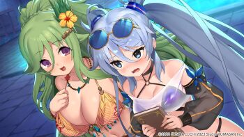 Rule 34 | 2girls, ;d, absurdres, artist collaboration, artist request, bare shoulders, bikini, blue-tinted eyewear, blue eyes, blue hair, blush, book, breasts, cezanne (girls creation), cleavage, collarbone, commentary request, detached sleeves, dutch angle, embarrassed, eyewear on head, full body, game cg, girls creation, green hair, hair between eyes, hair ornament, hairclip, halterneck, highres, holding, holding book, jewelry, large breasts, long hair, long hair between eyes, long sidelocks, medium breasts, michelangelo (girls creation), multiple girls, nauribon, navel, necklace, official art, one eye closed, open mouth, purple bikini, purple eyes, see-through clothes, see-through shirt, shirt, sidelocks, sleeveless, sleeveless shirt, smile, standing, sunglasses, swimsuit, tareme, tinted eyewear, tsurime, twintails, upper body, very long hair, wavy mouth, white shirt, yellow bikini