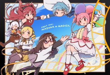 Rule 34 | 6+girls, akemi homura, akemi homura (magical girl), argyle clothes, argyle thighhighs, balloon, bare shoulders, black bow, black hair, black hat, blonde hair, blue background, blue eyes, blue hair, blue skirt, blue sky, blue sleeves, blush, boots, bow, braid, braided twintails, breasts, brown gloves, brown sleeves, brown thighhighs, cape, capelet, cheese, closed eyes, closed mouth, cloud, cup, detached sleeves, dress, drill hair, feet out of frame, fingerless gloves, food, fortissimo, full body, glasses, gloves, grey sleeves, hair bow, hair ornament, hat, highres, holding, holding balloon, holding cup, holding hands, kaname madoka, kaname madoka (magical girl), kashi neko, kneehighs, ladder, long hair, long sleeves, looking at another, looking to the side, mahou shoujo madoka magica, medium breasts, miki sayaka, miki sayaka (magical girl), multiple girls, musical note, musical note hair ornament, nagisa kaworu, on ladder, one eye closed, open mouth, orange capelet, orange eyes, pink bow, pink dress, pink eyes, pink hair, purple eyes, purple ribbon, reaching, reaching towards another, red-framed eyewear, red dress, red eyes, red hair, red shoes, ribbon, sakura kyoko, sakura kyoko (magical girl), shoes, short hair, skirt, sky, sleeveless, sleeveless dress, smile, socks, soul gem, teacup, thighhighs, tomoe mami, tomoe mami (magical girl), twin drills, twintails, white cape, white dress, white gloves, white hair, white socks, yellow ribbon, yellow skirt, zettai ryouiki